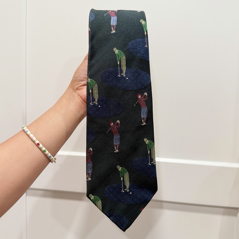 Polo Ralph Lauren Mens 100% Silk Golf Tie Green Golfer Novelty Preppy USA VTG